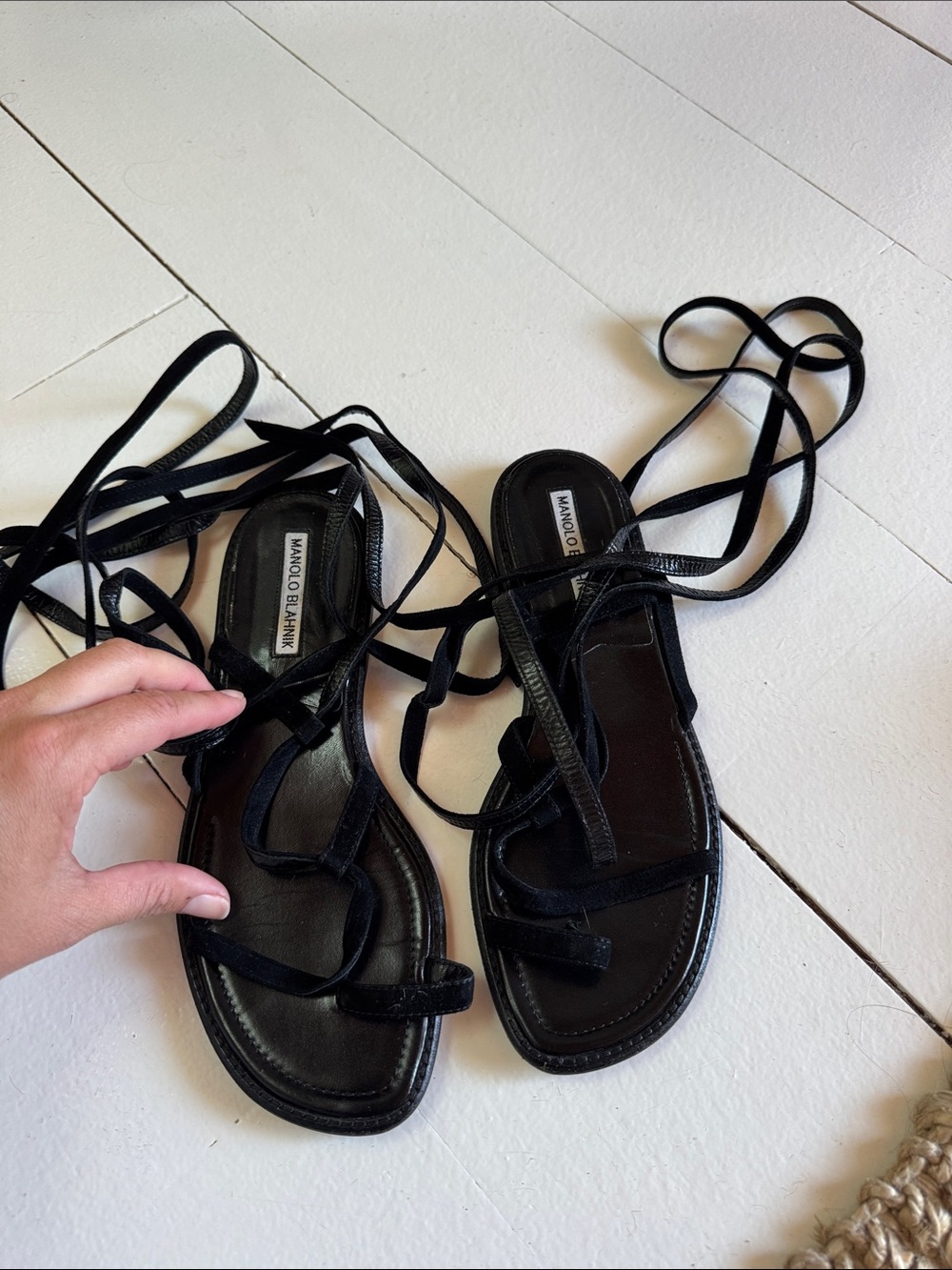 Manolo Blahnik Black Velvet Lace-Up Flat Sandals